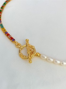 新款复古ot扣天然淡水珍珠项链女高级感彩色锆石拼W接锁骨链颈链