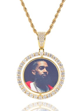 欧美嘻哈记忆可旋转双面r圆形照片吊坠微镶锆石潮人嘻哈相框项链