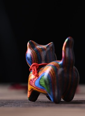 木头物语 彩虹木雕刻可爱猫手把件小猫迷你桌面摆件工艺品礼品