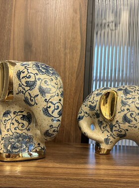 青花陶瓷大象摆件一对高级感客厅玄关展示柜艺术V装饰品乔迁送礼