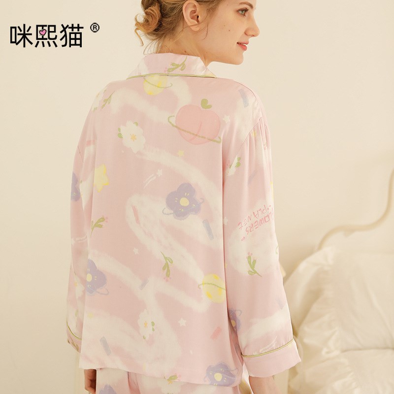 宽松款春夏女式人棉贡缎睡衣套装 F桃桃星球长袖简约家居服睡衣T - 图0