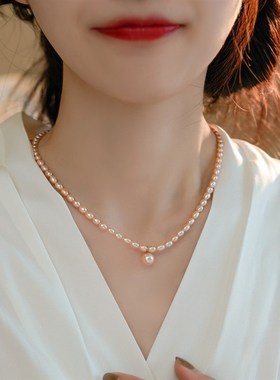 简约气质淡水珍i珠项链个性设计14K金米粒珍珠项链法式轻奢锁骨链
