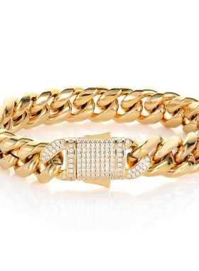 欧美嘻哈不锈钢古巴链男士手链锆G石弹簧扣圆磨加密钛钢手链