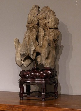 太湖石文房赏石(红木座)中式家居摆件 天然原石太湖石摆件