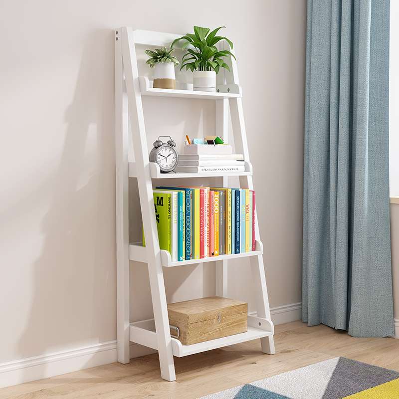 实木落地置物架 简易卧室客厅小型储物书架白色 北欧室内梯形花架 - 图1