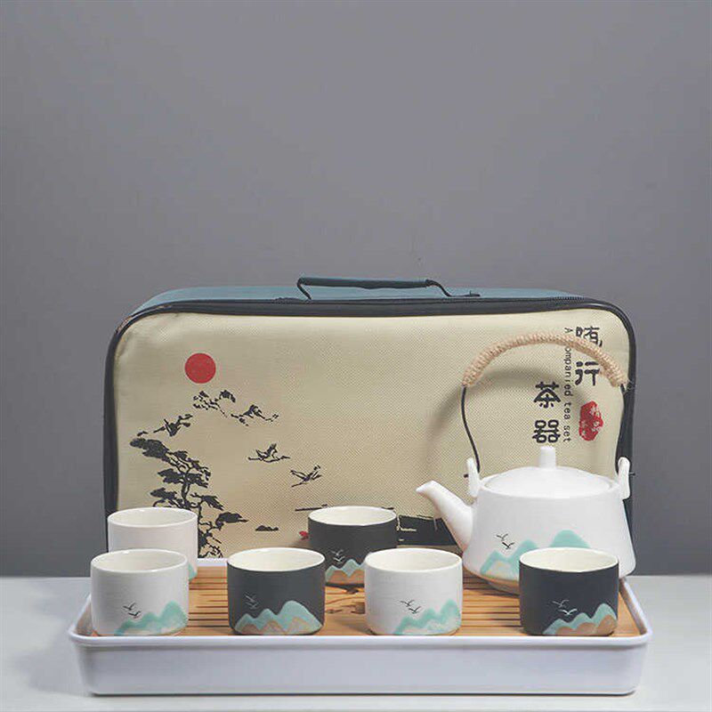 A complete set of tea sets, home ceramics, one pot and four cups, hand-painted handle kettle, small tea tray, tea table, travel custom LOGO