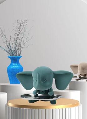 创意简约植绒树脂工艺品小飞象公仔客厅卧室桌面植绒装饰品摆件