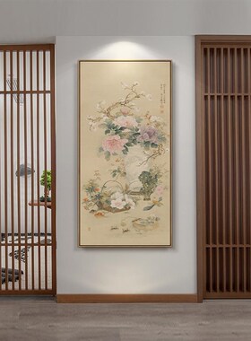 八边形挂画新中式玄n关装饰画竖版走廊过道中国风寓意好客厅墙画