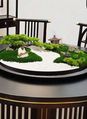 中式大圆餐桌中间转盘装饰摆件植物盆景花艺酒Q店餐厅室内台面景