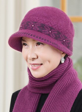 老人帽子女秋冬天保暖奶奶兔毛针织中老年人妈妈帽冬季加绒毛线帽