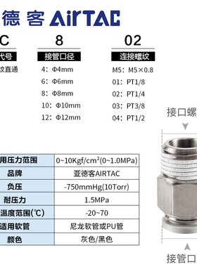 亚德客气动螺纹直通气管快速接头PC 4 6 8 10-M5-01-02-03 mm快插