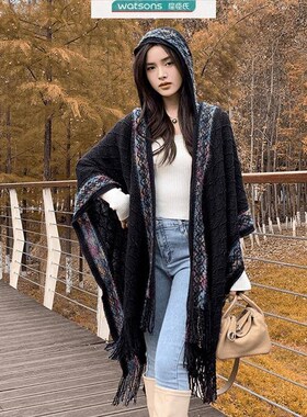 带帽披肩女新款旅游彩色波点外搭针织衫旅游拍照民族风披风斗篷