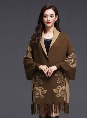 秋冬季羊绒有袖披肩围巾两用正反能穿加厚贵夫妈妈装搭配旗袍斗篷
