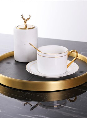 纯铜黑色皮革圆托盘轻奢复古美式果盘装饰品家居客厅餐桌茶具收纳