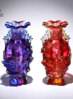 琉璃工艺品创意水晶龙凤呈祥花瓶摆件客厅插花搬新家乔迁礼物高档