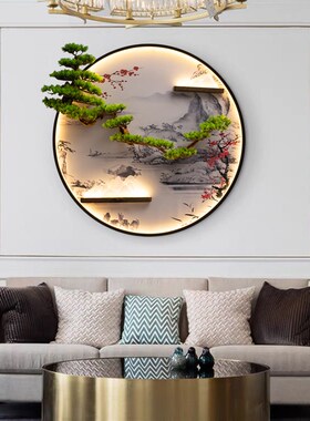 新中式迎客松装饰l画客厅沙发背景墙装饰挂件玄关壁画铁艺圆形挂