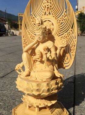 桧木木雕如意轮观音六臂观音实木雕刻工艺品家居供养佛像摆件