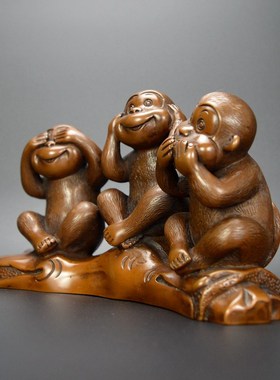 紫铜猴子摆件紫铜三不猴不听不看不说中式铜工艺品客厅办公室摆设