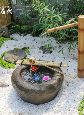 日式庭院水景原石鹅卵q石户外石钵蹲锯造景装饰别墅花园惊鹿滴水