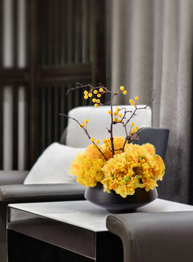 新中式黄色软装饰品盆景玄关博古架F墙柜售楼处洽谈桌餐厅花艺摆