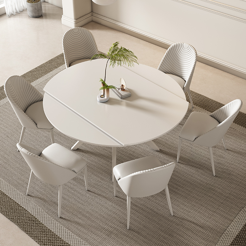 Cream style slate folding dining table, variable round table, simple household small R-type dual-purpose telescopic dining table