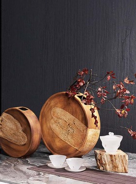 新中式侘寂风陶瓷木纹扁圆花瓶摆件样板间民宿酒V店花器装饰品
