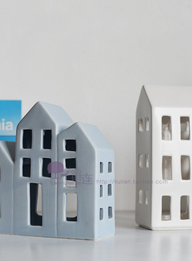 简约现代蓝色白色镂空房子建x筑烛台摆件样板房儿童房桌面软装饰