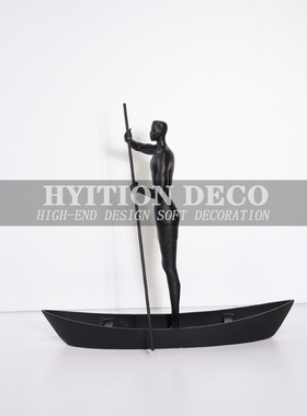 抽象人物铁艺雕塑划船摆件样板房售楼部客厅家居黑色铸Z铁金属饰