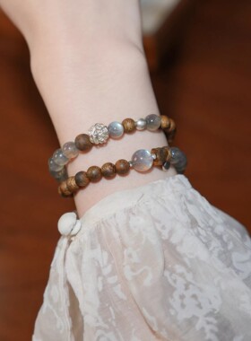 法国GVSEDUN「倒叙」天然灰月光檀木水晶手串招财好运双圈手链