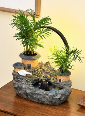 假山流水喷泉土楼摆件招财水车循环水景客厅办公室V茶桌礼品装饰
