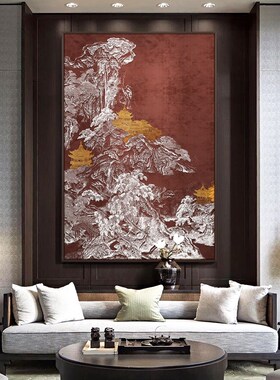 中式客厅沙发风景装饰画《山河望岳图》餐厅O浮雕肌理大幅竖版挂