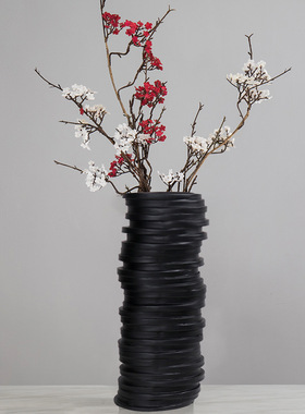 简约现代陶c瓷艺术黑色圆环层叠花器摆件样板间客厅玄关桌面装饰