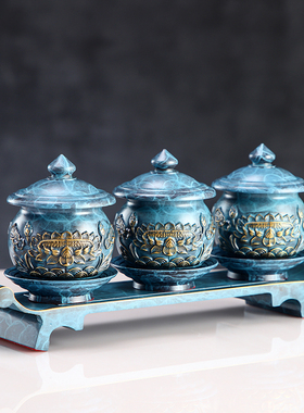 纯铜手工古蓝佛前供具q水杯花瓶供盘香炉供佛浮雕莲花佛具用品