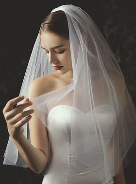森系简约新娘结婚婚纱头纱短款白色双层领证登记求婚头纱拍照道具