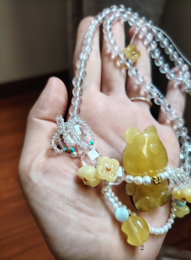 设计款原矿天然琥珀蜜蜡小熊吊坠项链女款毛衣链锁骨链