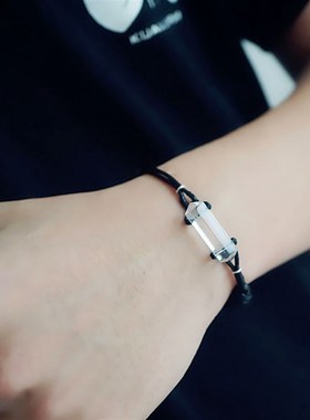 白水晶原矿石手链森系男冷淡小y清新女皮绳手链简约送女男饰品个