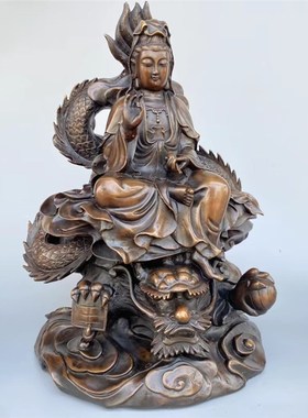 纯铜五子观音摆件南海自在观音骑龙观音客厅O办公室工艺品供奉摆