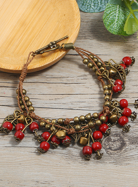 复古森系文艺小清新樱桃手v链女民族风硕果流苏陶瓷手绳手工配饰