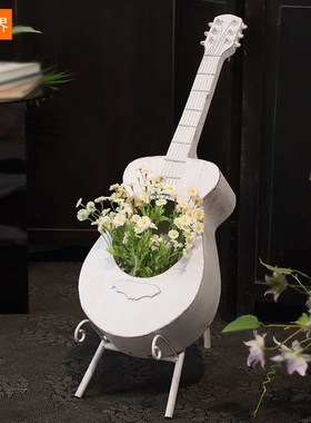 阳台庭院装饰创意店门口布置吉他琴花盆架园艺景V观摆件复古做旧