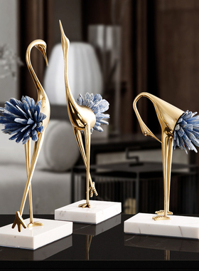 新中式样板间客厅轻奢水晶仙鹤铜摆件欧式家居玄关电X视柜软装饰