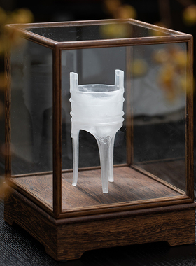 邸高家居客厅书房博物架三足方耳鼎黑鸡翅木玻璃罩防尘Z展示盒摆