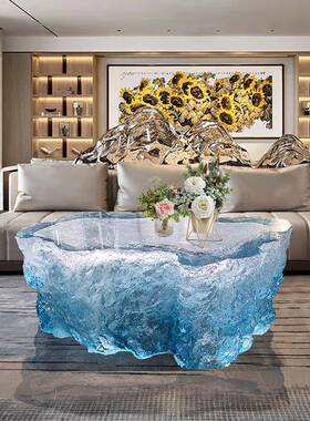 明树茶蓝色海洋圆桌酒几店别墅家透居客厅脂设计师款艺术茶树脂茶