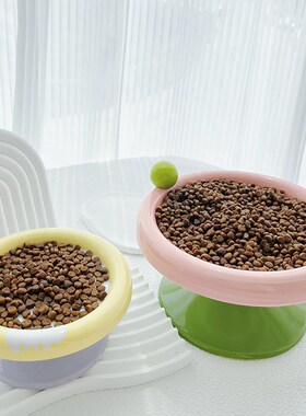 陶瓷猫碗不易打翻高脚浅口猫食盆大口径可爱猫咪吃饭专用保护颈椎