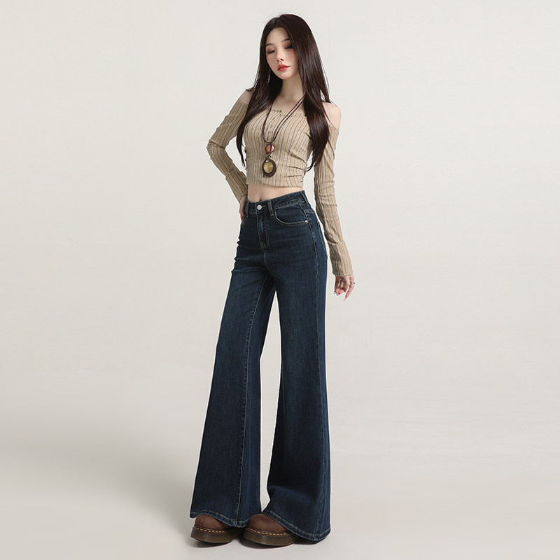 拉夏贝尔深蓝色微喇牛仔裤女春秋冬新款高腰弹力加绒不贴腿喇叭裤,淘宝优惠券,粉丝福利购,淘宝优惠卷