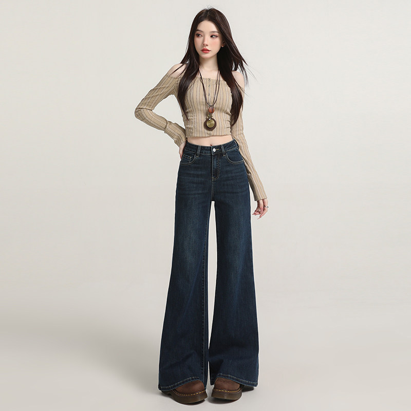 拉夏贝尔深蓝色微喇牛仔裤女春秋冬新款高腰弹力加绒不贴腿喇叭裤,淘宝优惠券,粉丝福利购,淘宝优惠卷