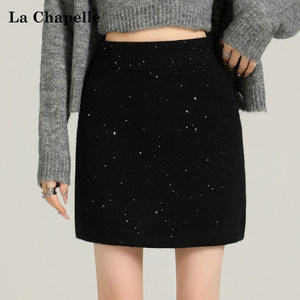 拉夏贝尔灰色亮片加厚针织半身裙女秋冬新款高腰a字辣妹包臀短裙