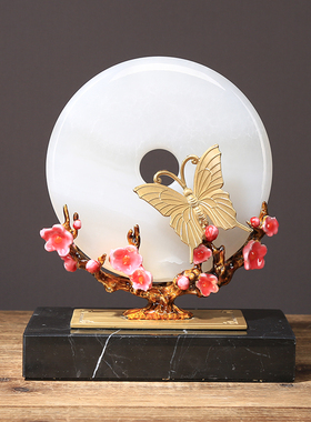 新中式扣玉石摆件黄n铜珐琅彩招财客厅电视柜玄关书房装饰礼品