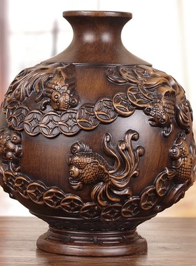 实木招财b花瓶摆件新中式家居客厅玄关酒柜装饰开业乔迁入伙送礼