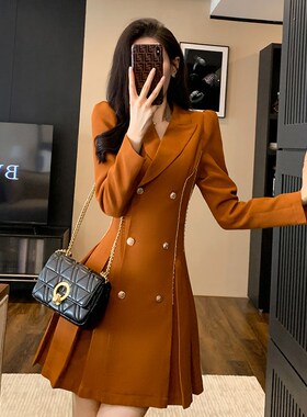 法式西装连衣裙女秋季2024新款高腰双排扣气质女神范职业百褶裙子