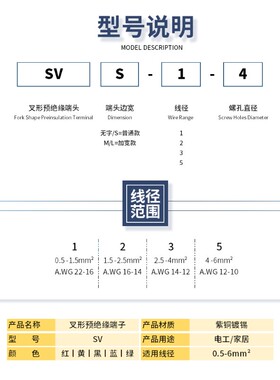 凤凰国标厚款SV3-5叉形绝缘线鼻2.5-4平方接线端子U口M5冷压端头